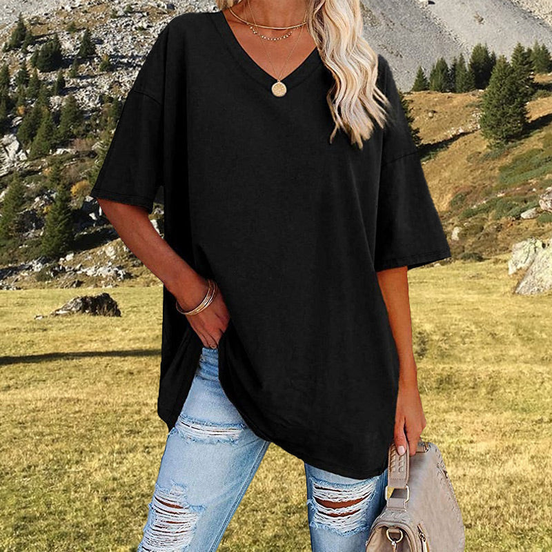 Nueva camiseta holgada con cuello en V para mujer